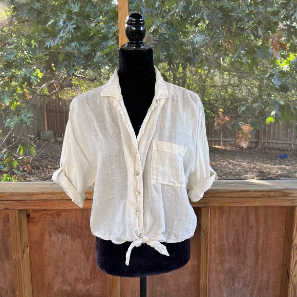 Cloth & Stone Women's Cream 100% Linen Tie Front Top Size S - Picture 1 of 6